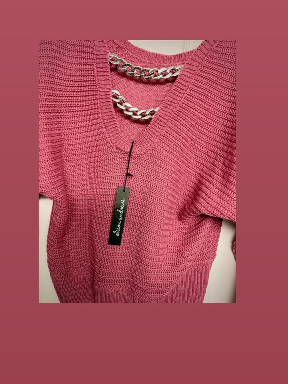 Chain-Trim Ribbed V-Neck Sweater - Dusty Rose - Picture 2 of 3